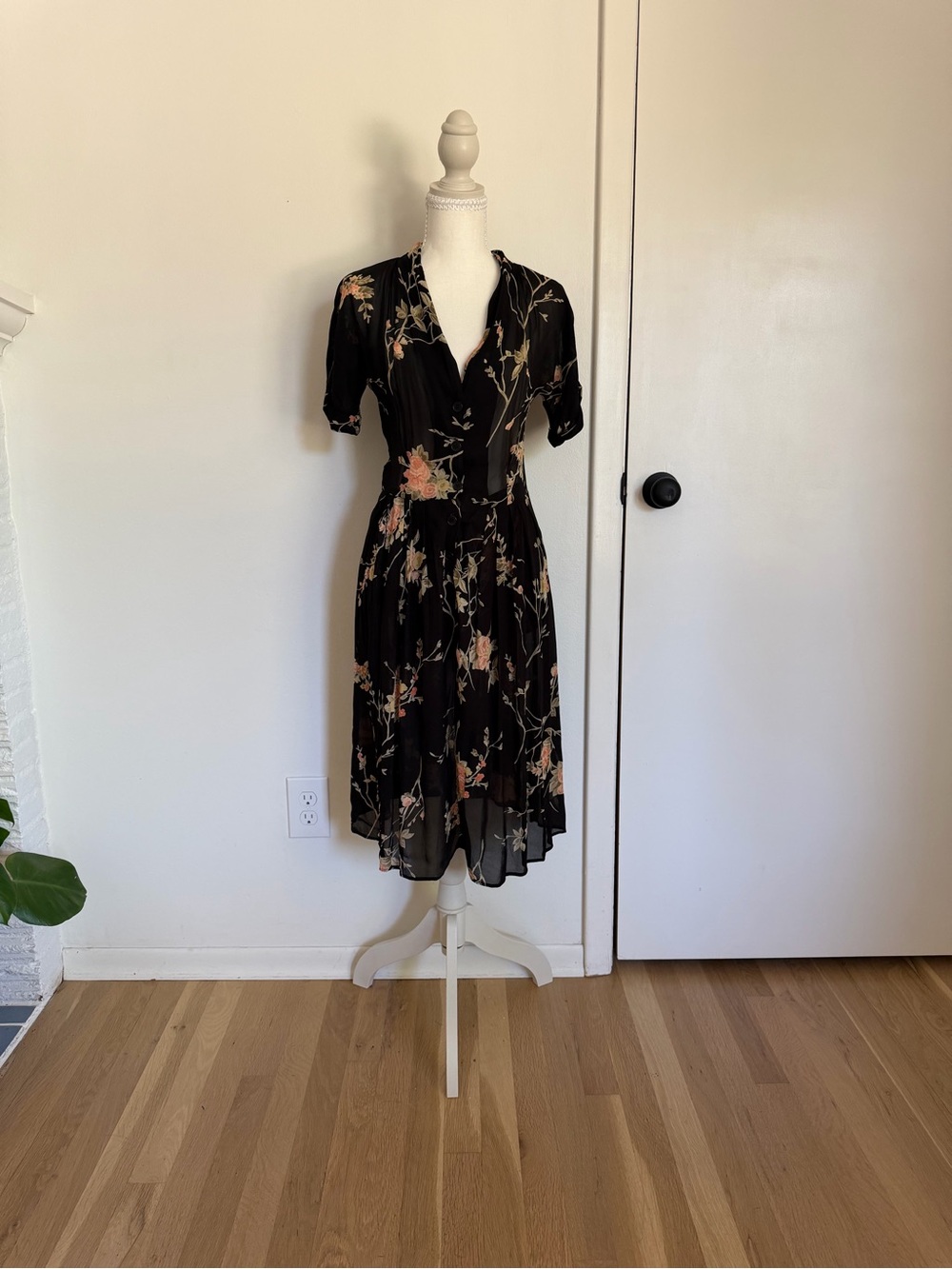 Reformation Cottagecore Floral Sheet Black Midi Dress with Bulit-in Shorts‎